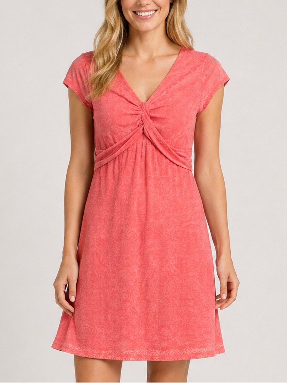 Athleta Coral Pink Twist Front Burnout V Neck Summer Dress Small